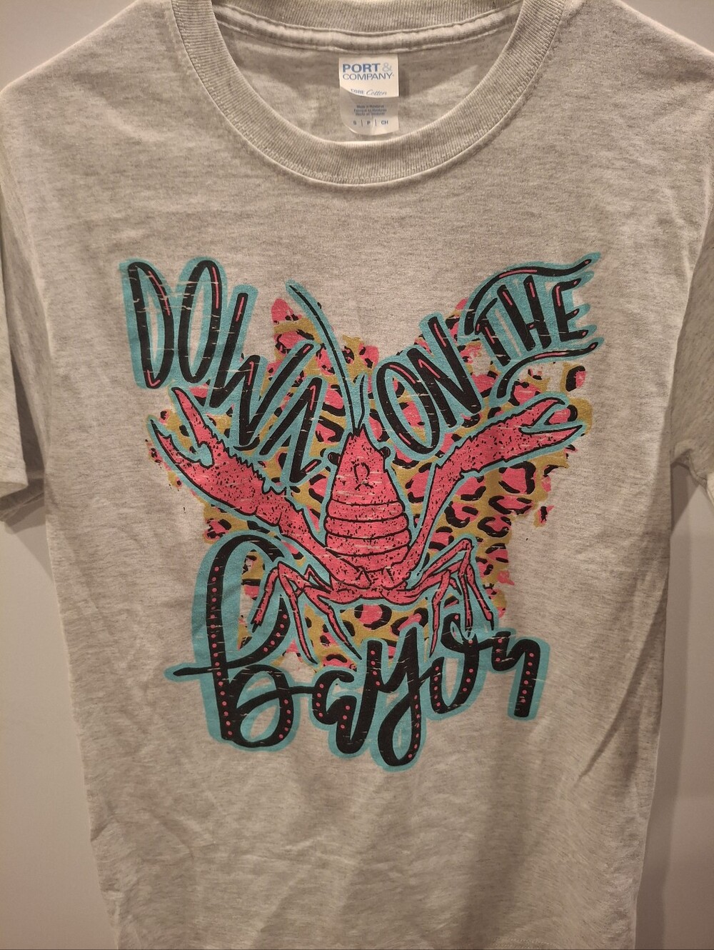 Womens "Down On The Bayou" Gray Tee with Pink & Teal Graphic